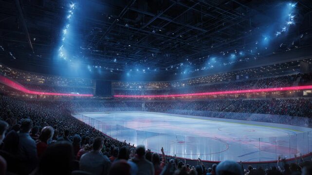 Hockey rink under bright lights, fans cheering, arena packed, ice surface gleaming, spectator stands, professional sports venue.