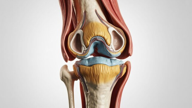 Anatomical sculpture of human knee joint showing bones cartilage and muscles
