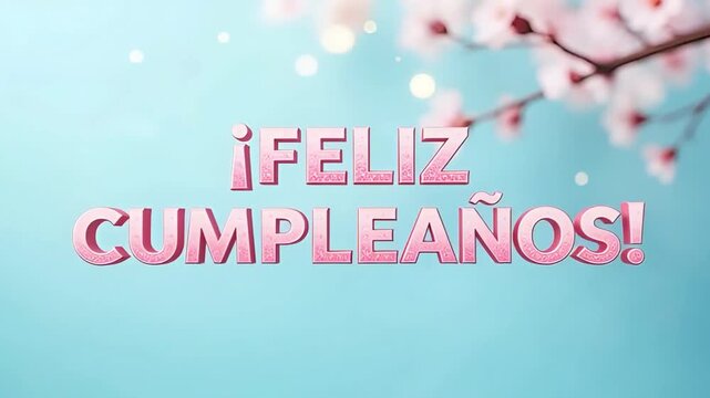 cherry blossom branch with pink flowers and spanish text feliz cumpleanos on blue background
