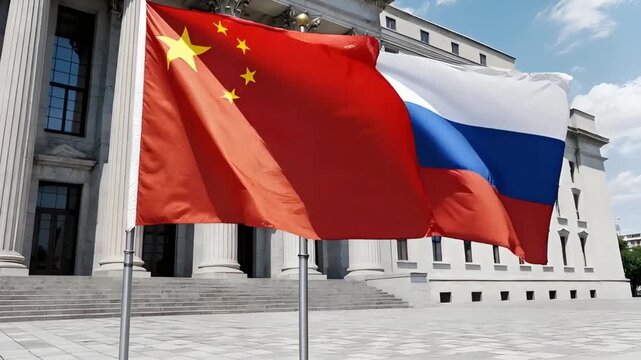 state flags of china and russia waving in the wind in front of a classical building with columns