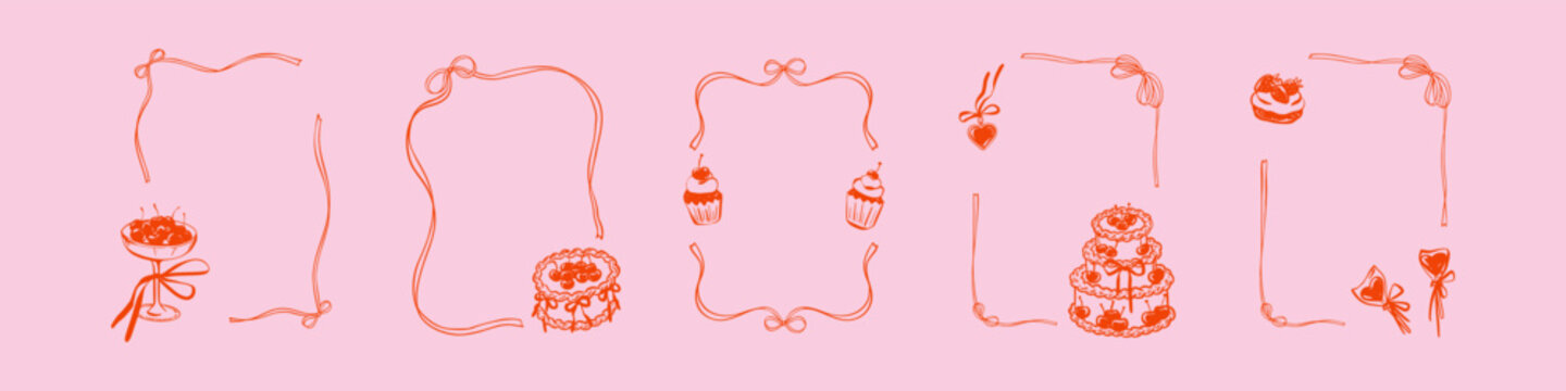 Parisian bakery frame with cute pastries and ribbons. Whimsical brunch border featuring French desserts, cherry cake. Vintage sketch for wedding invitations, bachelorette party design, birthday cards