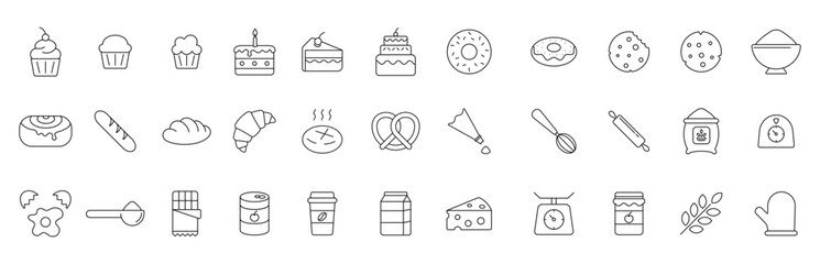 Bakery and Pastry Icon Set with Bread, Cakes, Desserts, and Baking Tools. Editable Stroke