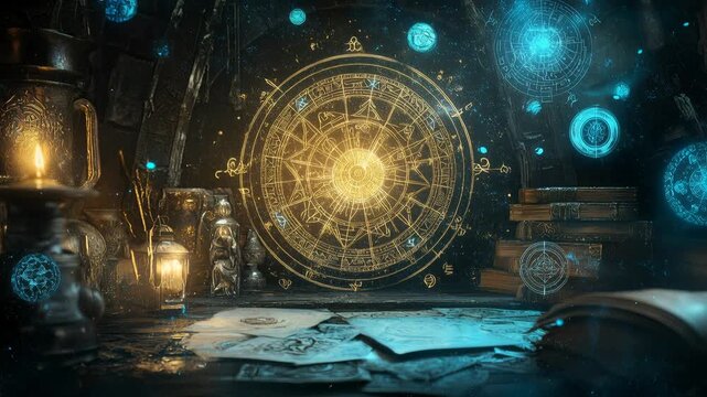Enchanted celestial map glowing in arcane chamber, astrological chart, mystical study, occult research, arcane library, esoteric knowledge.