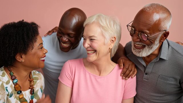 Diverse elderly group laughing together, intergenerational bonding, senior friends, joyful camaraderie, multiracial seniors, happy aging.