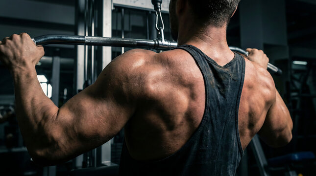 Rear View of Muscular Back During Lat Pulldown Exercise