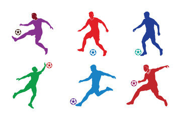 Set of soccer player action silhouettes isolated on white background, sports vector illustration.