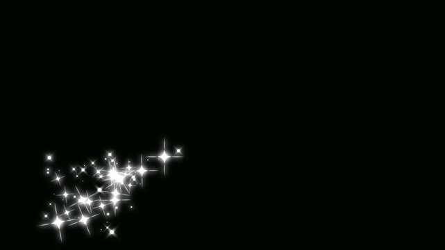 Luxury sparkle glittering stars motion with magic dust and pixie path, decorative star burst animation with glowing glitter particles, wedding celebration star overlay on black background. 4k