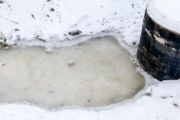 Frozen Drainage Ditch Beside Concrete Well In Snowy Ground