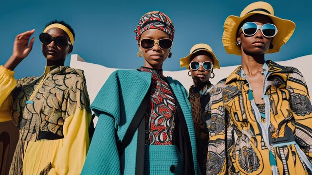 Models in bold African print outfits pose confidently under bright sun, fashion show, runway look, street style, cultural wear, bold prints, sunlit outdoor shoot.