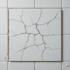 Minimalist composition: one damaged matte white wall tile with hairline cracks