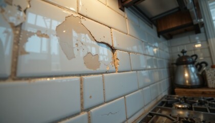 Low-angle shot of a chipped subway tile in a kitchen backsplash