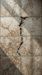 Overhead view of a broken floor tile in a hallway, jagged edge lifting slightly from the grout