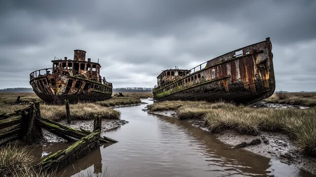Dilapidated hulks of two decaying vessels stranded in marshland