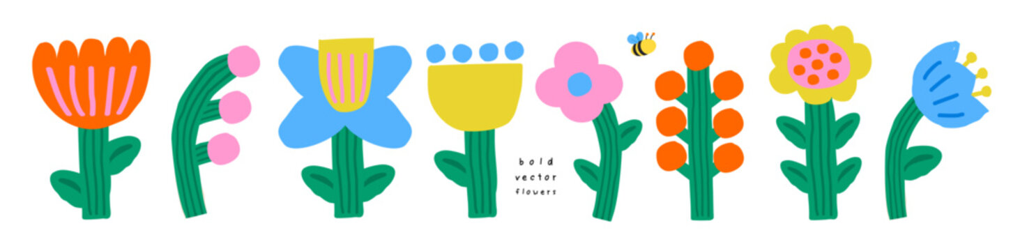 Bold Flowers. Vector naive isolated spring and summer floral illustrations on a transparent background in folk style for icons, stickers, print and design