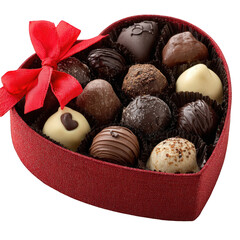 Heart-shaped box of assorted gourmet chocolates with red ribbon isolated on transparent background