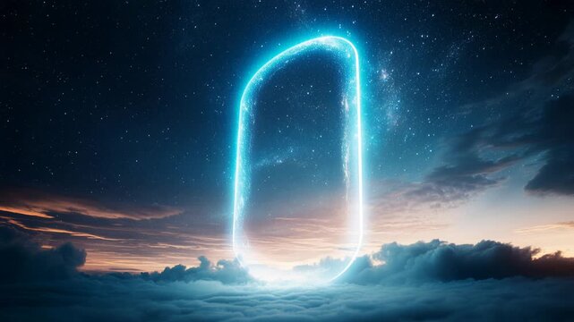 Luminous, portal emits cosmic energy, hovering above clouds at twilight, sci fi gateway, interdimensional entrance, celestial doorway, portal, dimensional rift, cosmic threshold.