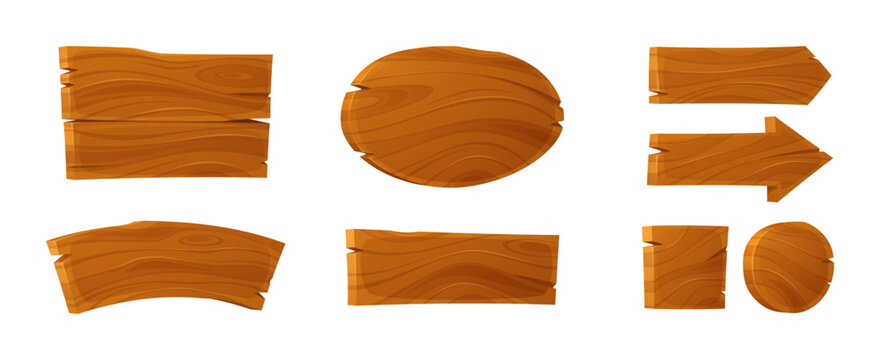 Rustic wooden signboard set with vintage plank frames and cartoon arrow pointers. Vector game board collection of farm sign panels, 3d banners, old west saloon designs and blank label templates.
