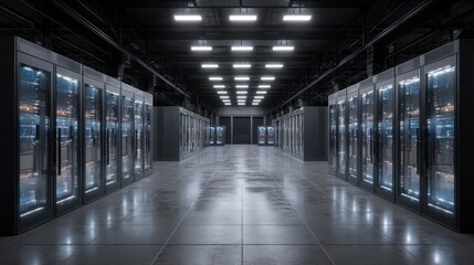 Fototapeta premium Modern data center with rows of illuminated servers in a high-tech facility