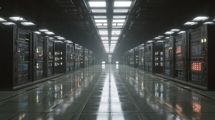 Obraz premium Futuristic data center hallway with high-tech servers and illuminated pathway
