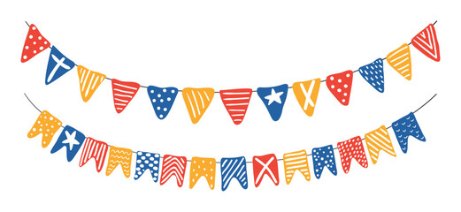 Obraz premium Swallowtail, triangular flags, bunting with different patterns illustration isolated, collection on white. Hand drawn flat vector. Kids nautical print, design element, clip art set, horizontal border