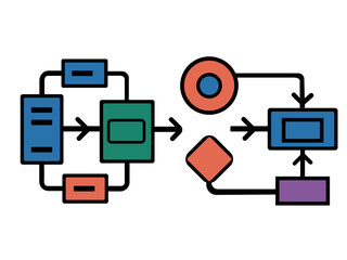 Business Workflow Process Automation Diagram with Flowchart and Data Integration Vector Illustration