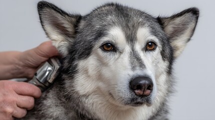 Fototapeta premium Gray dog with white face and dark eyes being groomed by a person holding clippers near its ear. The animal looks calm during grooming. Person's hands visible, focusing on pet care