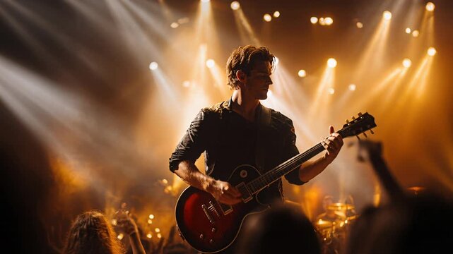 Electric guitarist playing live concert, stage performance, rock musician, cheering, spotlighted artist, music festival, live show.
