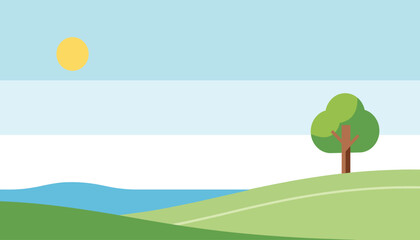 Fototapeta premium Flat Landscape Vector Illustration with Sun, Tree, Hills and Lake Background.