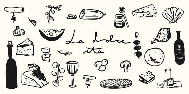 Whimsical hand drawn food la dolce vita hand drawn illustration. Food cheese, wine, dinner plate elements. Italian greek snack olives, honey decoration