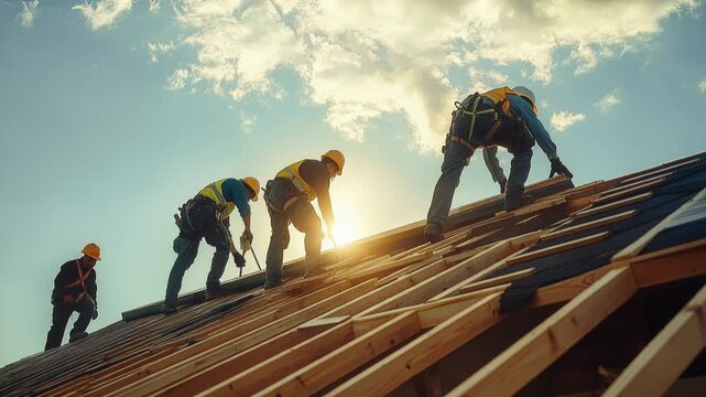 Construction workers installing roofing shingles on sloped roof, roofing crew, carpenters at work, residential construction, sunset lighting, outdoor labor.