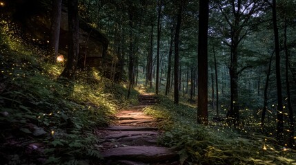 Obraz premium Enchanting forest path illuminated by fireflies at dusk in lush woodland