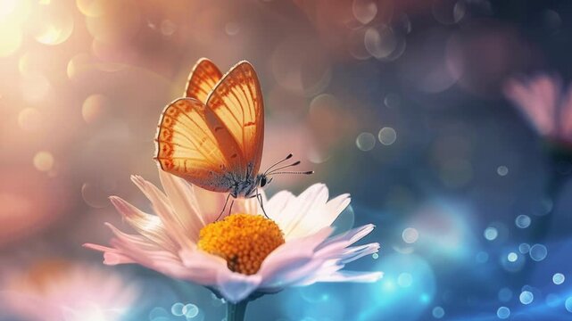 Orange butterfly resting on daisy flower, pollinator in garden, nature still life, macro, scene, serene moment, delicate wings.