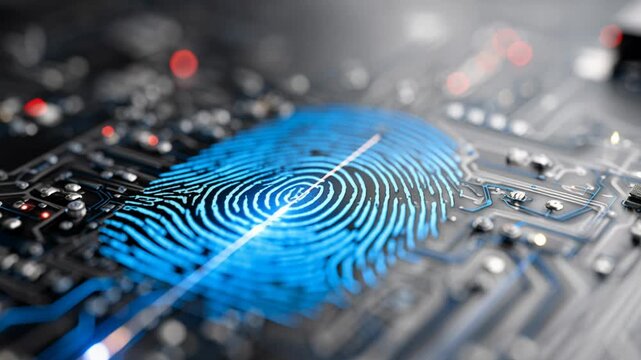 Fingerprint biometric authentication scanning circuit board, digital security verification, biometric sensor, electronic identity, tech authentication, cybersecurity system.