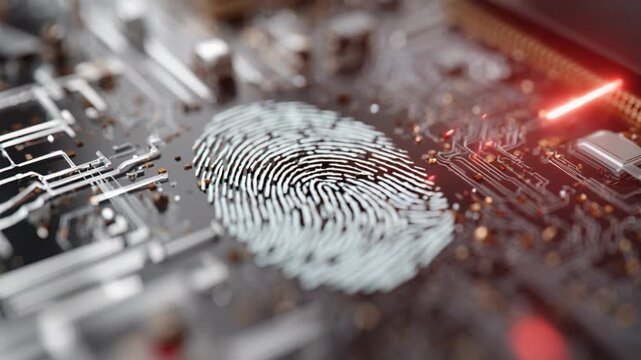 Biometric authentication via fingerprint on electronic circuit board, security verification, digital identity scan, embedded system, access control, biometric sensor, tech security.