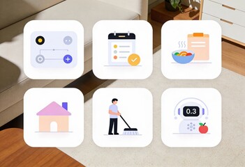 Digital home management icons illustrating modern organization tools for household chores, smart living, meal planning, and productivity methods enhancing everyday efficiency