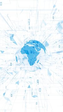 Spinning digital Earth on a white background with binary code and geometric data elements radiating outward, symbolizing global technology and connectivity. Vertical seamless looping.