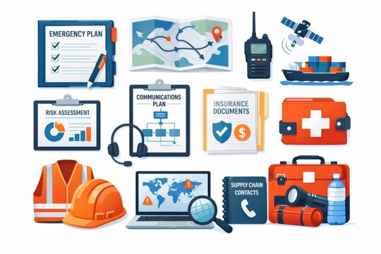 Strategic emergency preparedness toolkit showcasing essential resources including risk assessment, insurance documents, communications plans, emergency plans, and essential safety equipment