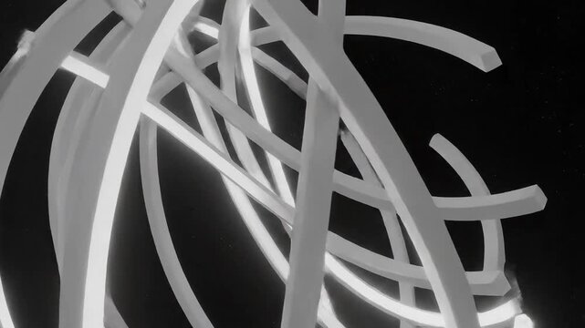 Modular structure rotating in a dark environment, showcasing abstract design elements from a dynamic viewpoint in a video format