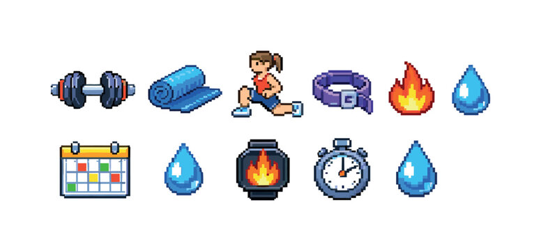 Fitness and wellness pixel icon set. 8-bit style workout and health icons collection