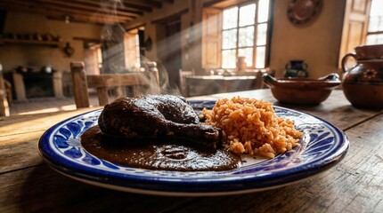 Mole Poblano served with Mexican red rice on rustic wooden table in sunlit kitchen