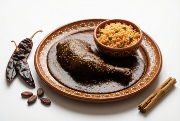 Mole Poblano chicken leg served with Mexican red rice on traditional plate