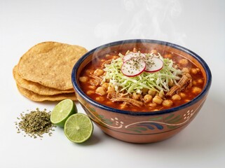 Pozole Rojo in traditional clay bowl with hominy, shredded pork, lime and tostadas