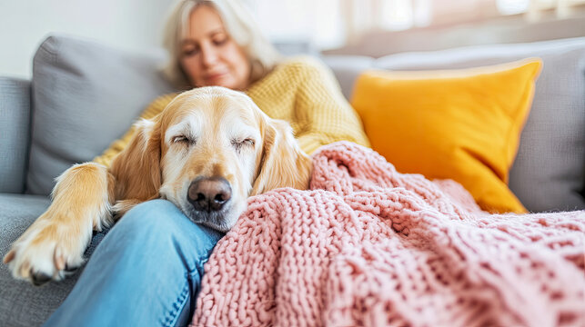Comfortable senior woman relaxing on sofa with her beloved golden retriever dog sleeping soundly on her lap under cozy blanket