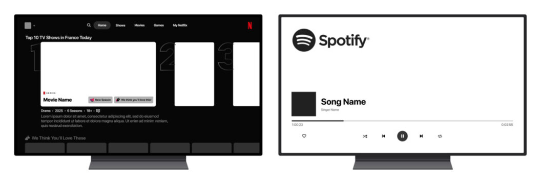 Netflix and Spotify TV app interface on transparent PNG blank screen with home dashboard, featured rows, playlists, now playing bar, video and audio controls and recommendations.