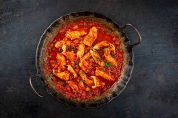 Sicillian tender braised calamari squid stew in spicy tomato pepper sauce served as top view in...