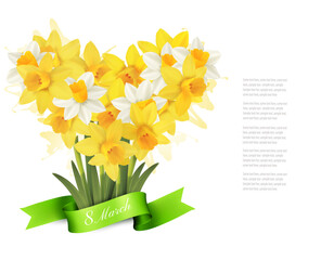 8th March illustration with yellow narcissus flowers and ribbon. International Women's Day. Vector.