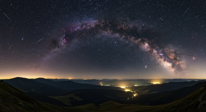 Night sky panorama with the milky way galaxy arching over silhouetted mountains and city lights celestial scenery