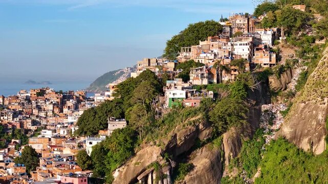 Aerial View of Cantagalo Slum and Copacabana District Below, Rio de Janeiro, Brazil