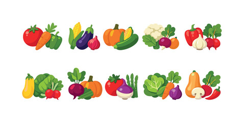 Obraz premium Vegetable flat icon set. fresh produce icons for healthy eating and cooking