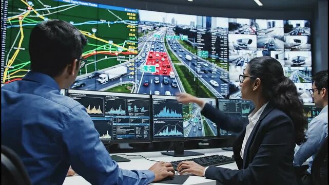 Professionals analyze traffic flow data on large monitoring screens
